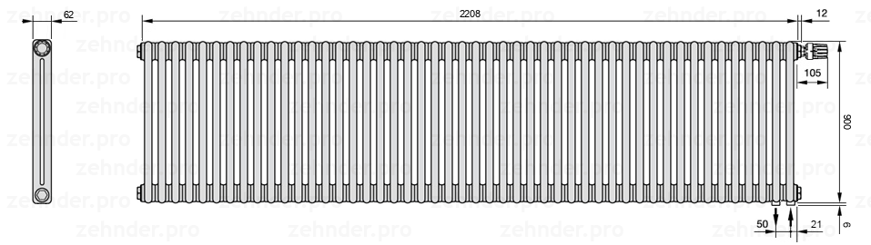 Схема (чертеж) Радиатор Zehnder Charleston 2090/48 №V002 Белый глянцевый RAL 9016